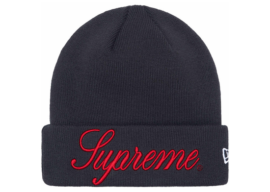 Supreme x New Era Script Beanie Navy Origin Kicks