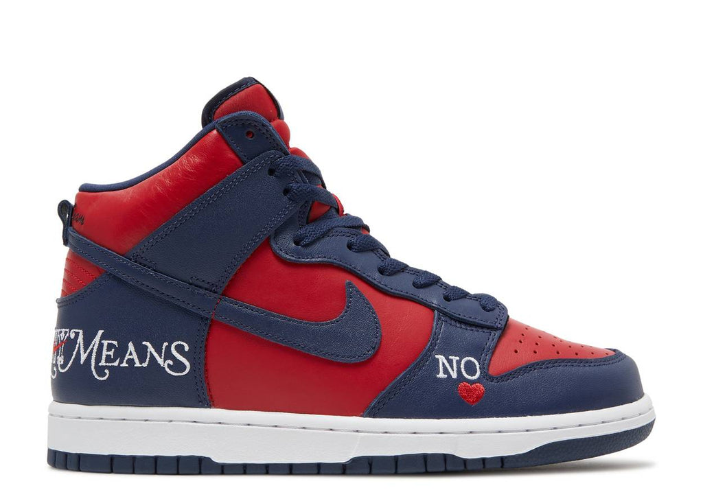 Nike SB Dunk High x Supreme By Any Means Red Navy Origin Kicks